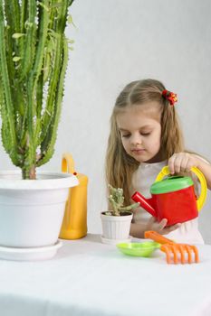 Girl playing in the gardener. Waters of a large cactus in the pot, standing next to a small cactus, a large lake, paddle