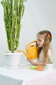 Girl playing in the gardener. Waters of a large cactus in the pot, standing next to a small cactus, a large lake, paddle