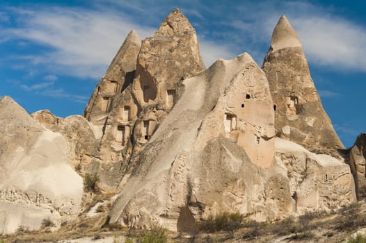 Spectacular rock formation and old christian caves near Goreme, Cappadocia, Turkey