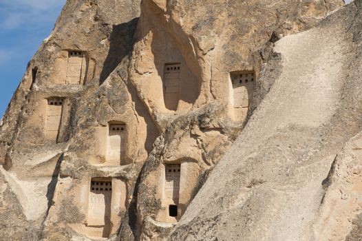 Detail of the ancient  homes dug into the mountains, Cappadocia, Turkey