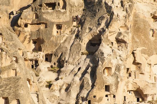Detail of the ancient  castle of Uchisar dug from a mountains, Cappadocia, Turkey