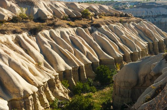 Rocks in Pigeon Valley (from Uchisar to Goreme) seen from above. Cappadocia, Turkey