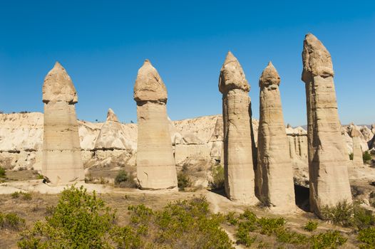 Fairy tale chimneys in Love Valley near Goreme, Cappadocia, Turkey