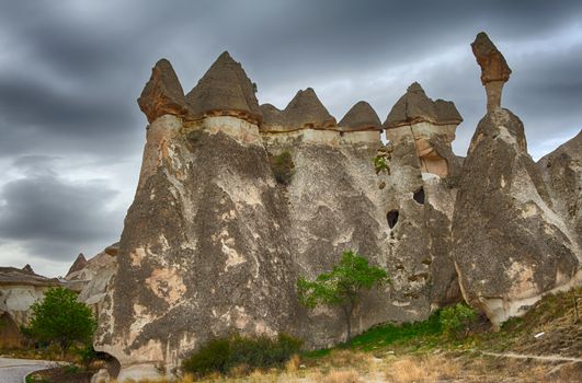 Fairy tale chimney rocks in Pasabg (Monk) Valley in Cappadocia, Turkey