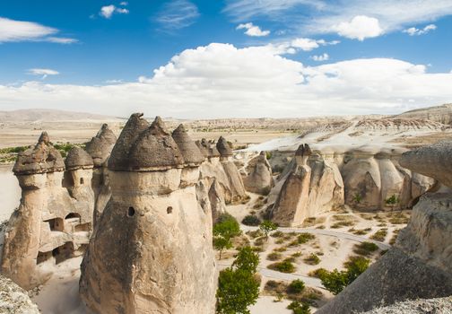 Fairy tale chimney rocks in Pasabg (Monk) Valley in Cappadocia, Turkey