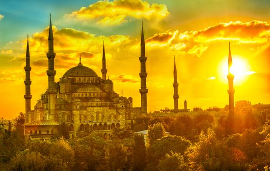 Blue Mosque at beautiful sunset, Istanbul, Turkey. HDR