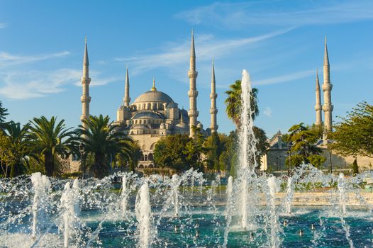 Blue Mosque and fountains in the morning, Istanbul, Turkey