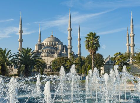 Blue Mosque and fountains in the morning, Istanbul, Turkey