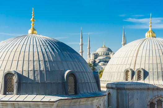 Blue Mosque (Sultan Ahmet Mosque) and cupolas seen from Hagia Sophia 