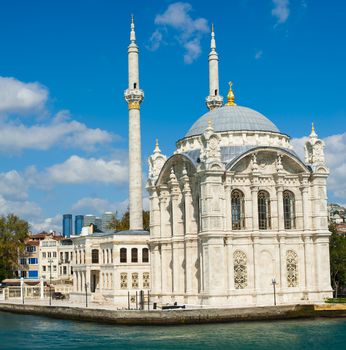 Beautiful Ortakoy Mosque seen from the Bosphorus. The mosque was built in the 19th century by sultan Abdulmecid. Istanbul, Turkey