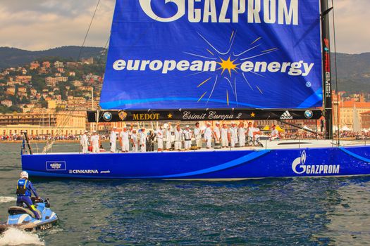 TRIESTE, ITALY - OCTOBER, 12: Esimit Europa 2 boat winner of the 46th Barcolana regatta in Trieste sea on October 12, 2014