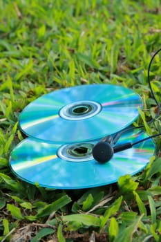 There are compact disc and earphone on the grassland.