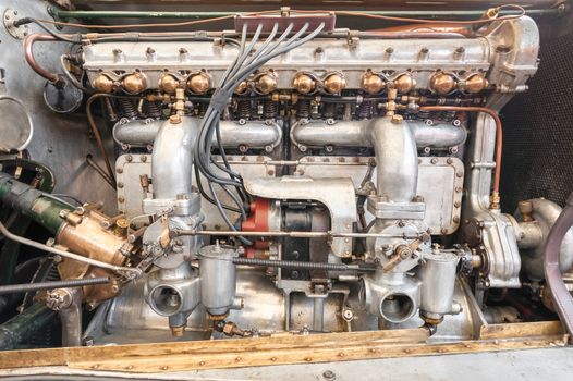 closeup detail of a powerful vintage vehicle engine