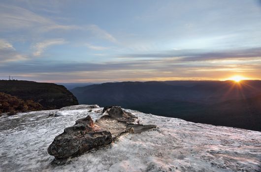 Beautiful sunset from Lincoln's Rock,  on the Kings Tableland, Wentworth Falls in the magnificent Blue Mountains, Australia