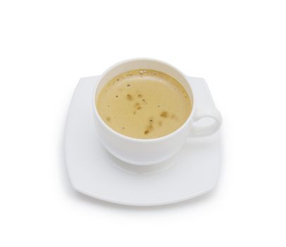 Coffee cup and saucer on a white background.