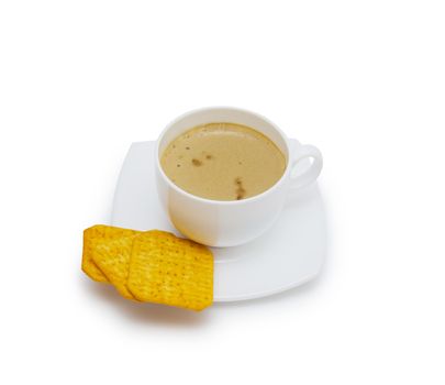 Coffee cup and saucer on a white background.