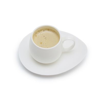 Coffee cup and saucer on a white background.