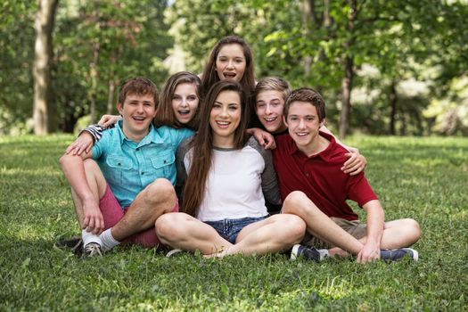 Six young happy friends on lawn embracing