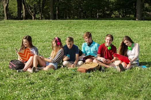 Six Caucasian teenagers sitting on grass studying