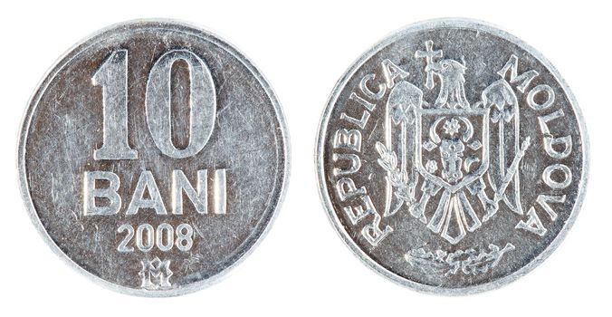 Moldova Coin 10 Bani on the white background (2008 year)
