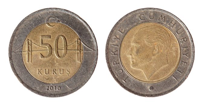 Turkey coin on the white background (2010 year).