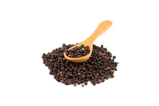 Black pepper with wood spoon isolated on the white background