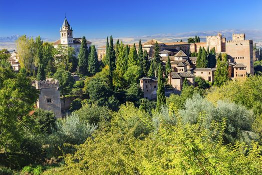 Alhambra Castle Tower Walls Cityscape Church Granada Andalusia Spain  