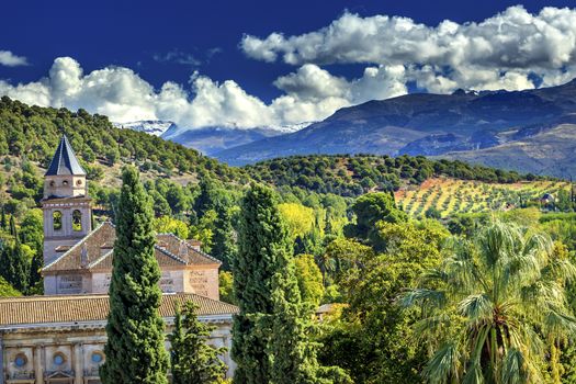 Alhambra Church Castle Towers Farm Mountains Granada Andalusia Spain