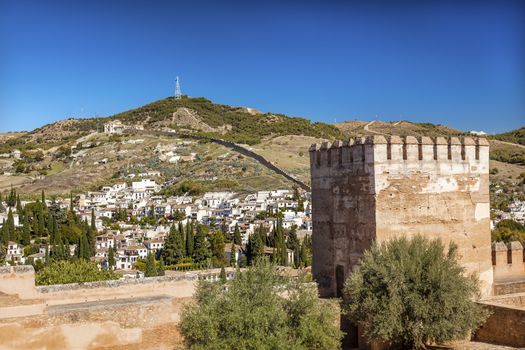 Alhambra Castle Tower Cityscape Churches Granada Andalusia Spain. Wall Hill TV Tower