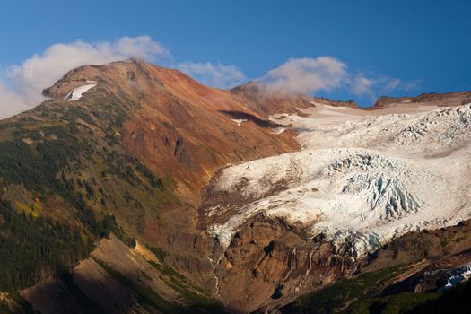 A Glacier on Mt. Baker part of the Cascade Range in the late afternoon just before sunset.