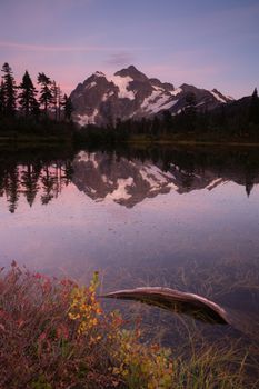 Mt. Shuskan refelcted in Picture Lake at sunset.