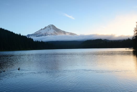 Morning sunlight at Mount Hood in Oregon, with reflection