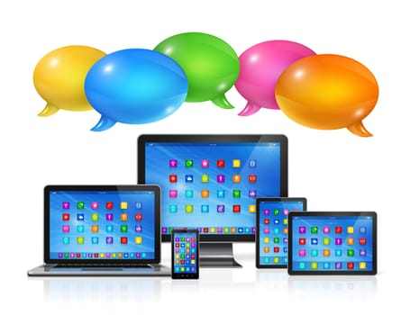 3D Speech bubbles and computers set. Communication and technology