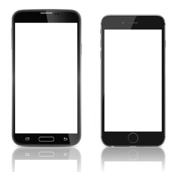 Comparison two new smartphones side by side. New Smartphones with blank screen on white background.