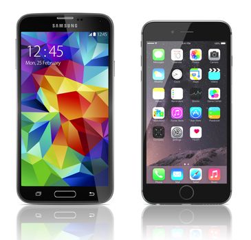 Galati, Romania - September 29, 2014: Comparison of Samsung Galaxy S5 and Apple iPhone 6 side by side. Samsung Galaxy S5 is the newest smart phone from Samsung and Apple Silver iPhone 6 Plus showing the home screen with iOS 8.