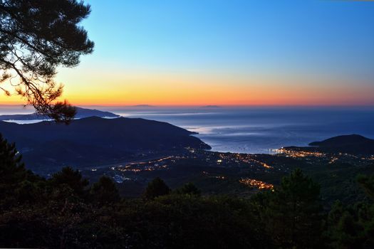 overview of Marciana Marina at sunrise, Elba island, Italy