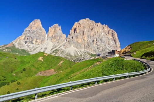 summer view of of Sella pass with Sassolungo mount, Trentino Alto Adige, Italy