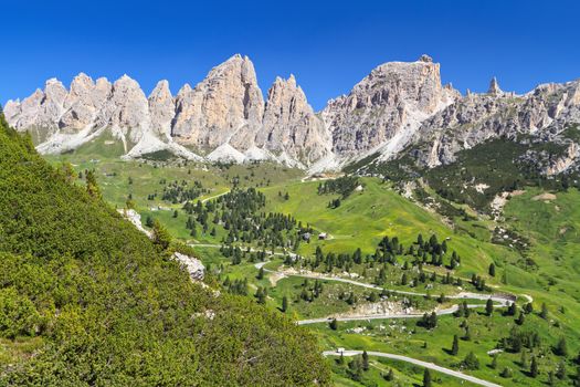 Dolomiti - road to Gardena valley with Cir mount on background, Alto Adige, Italy