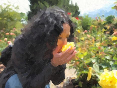 Pretty young brunette girl woman female smelling roses in the garden oil painting