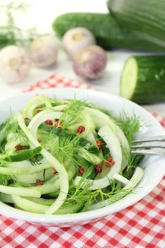 Spaghetti cucumber with red pepper on bright background