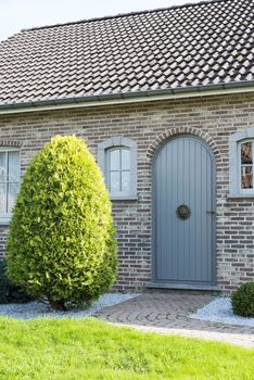 wooden house door with green garden and plant
