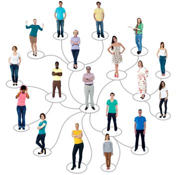 Group of people connected in social network, over white