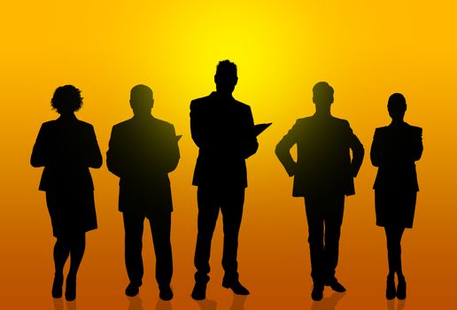 Silhouettes of business people against bright background