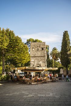 RAVELLO - OCTOBER 05: the Tower of the Villa Rufolo near the main square. Villa Rufolo is famous for the classic music international exhibition on October 05, 2014 in Ravello, Italy