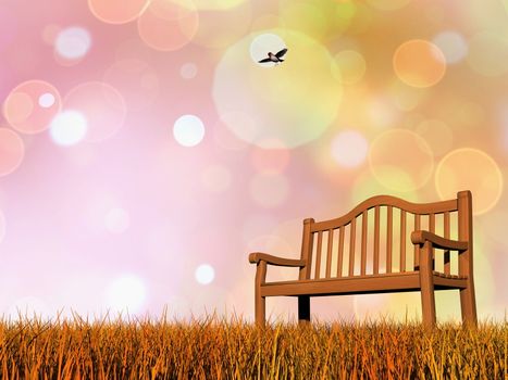 Simple wooden bench and flying bird in autumnal colorful background - 3D render