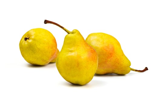 Three yellow ripe pear on a white background