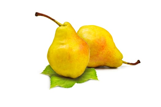 Two yellow ripe pear and green leaves on a white background