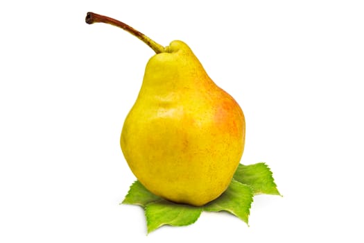 Yellow ripe pear and green leaves on a white background