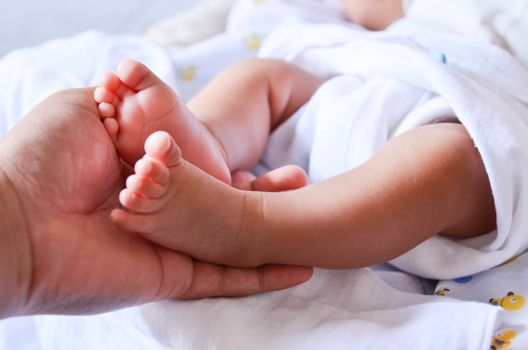 Baby feet newborn into mother's hands.