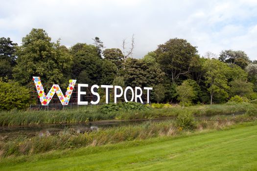 giant sign naming the town Westport in county Mayo Ireland